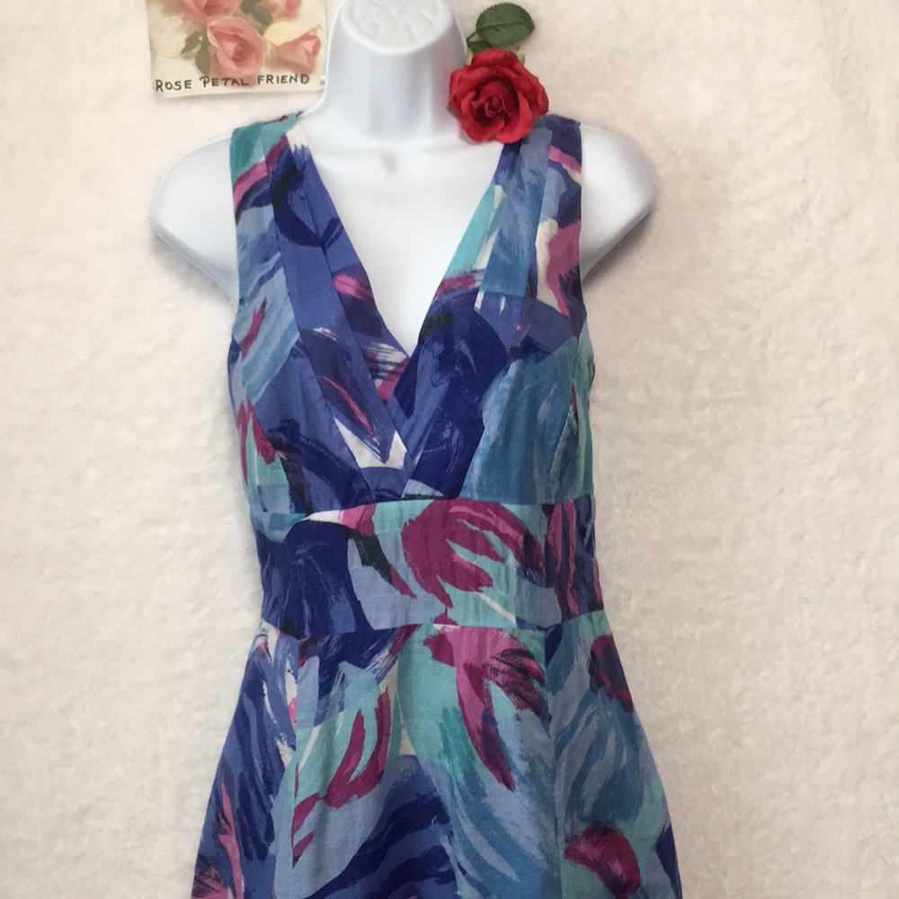 BABYDOLL WATERCOLOR ARTSY ABSTRACT DRESS DOUBLE PLACKET NECK Sz 6 EUC